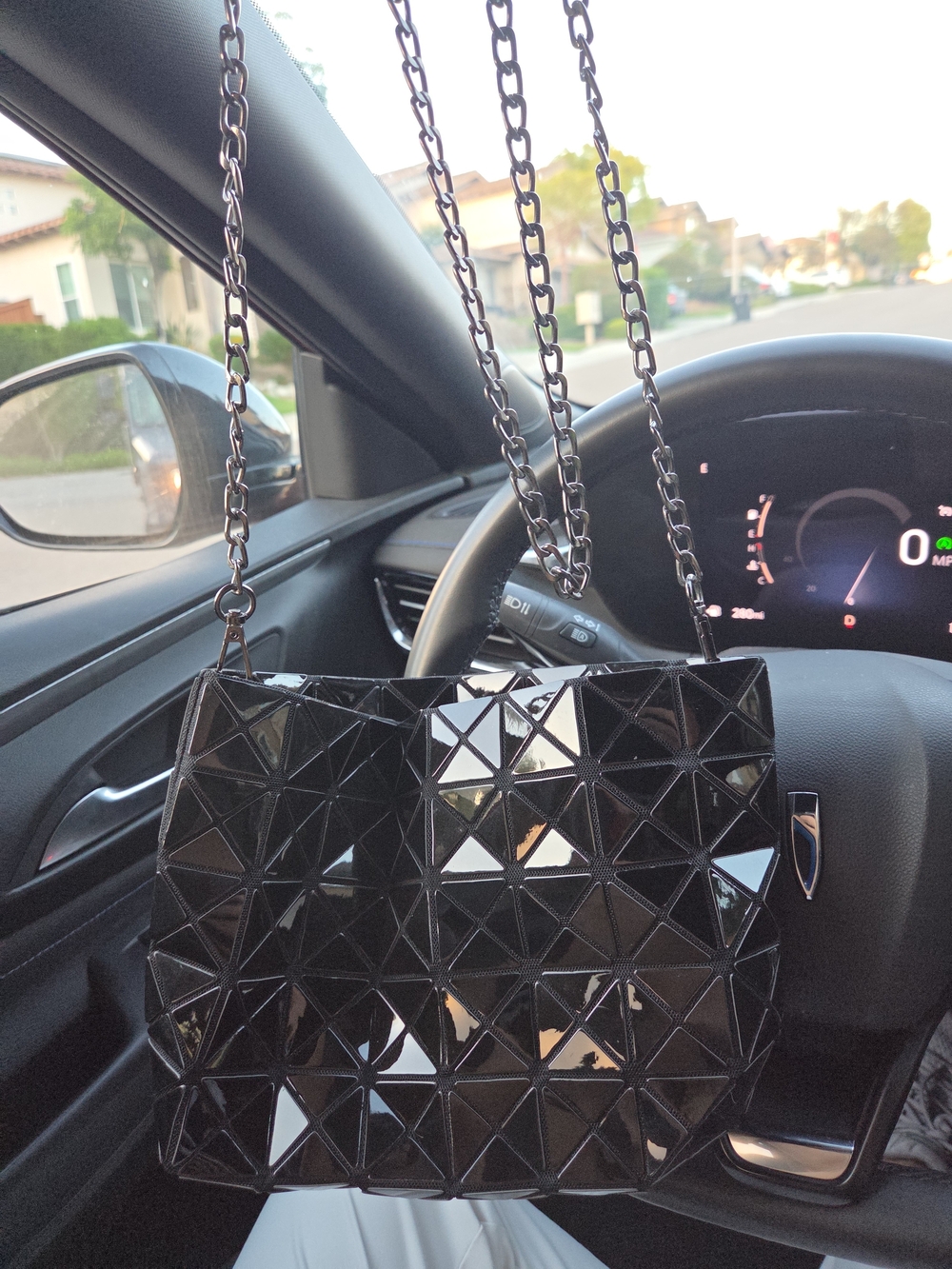 Issey Miyake Black Patent Geometric Triangle Crossbody Tote with Chain Strap